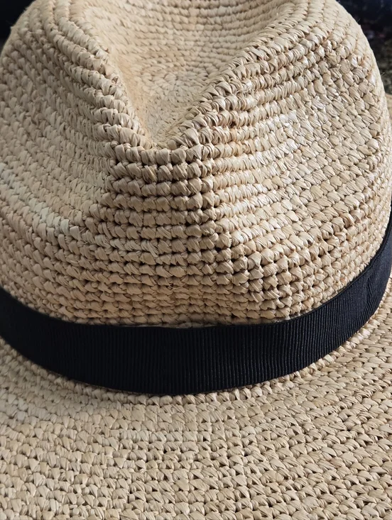 J. Crew G6551 Packable Foldable Raffia Straw Hat Natural Black Band Size S-M - Picture 8 of 11